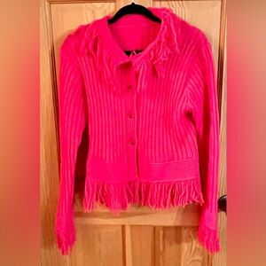 SHEIN Fast Fashion Women's Pink Fringed Button Cardigan Barbiecore Boho Grunge
